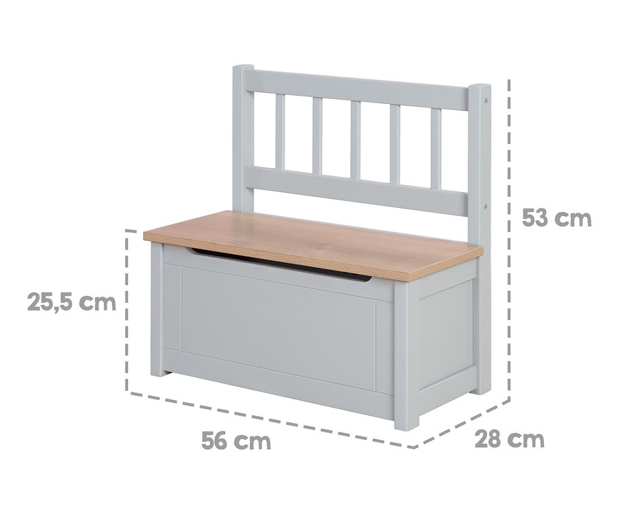 Graue Spielzeugtruhenbank »Woody« von Roba mit Holzplatte und Rückenlehne, umgeben von gestrichelten Linien, die die Abmessungen zeigen.