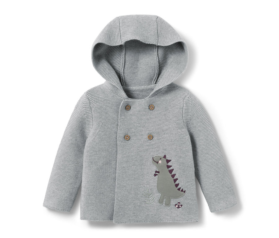 Graue Baby-Strickjacke mit Kapuze und Dino-Applikation.