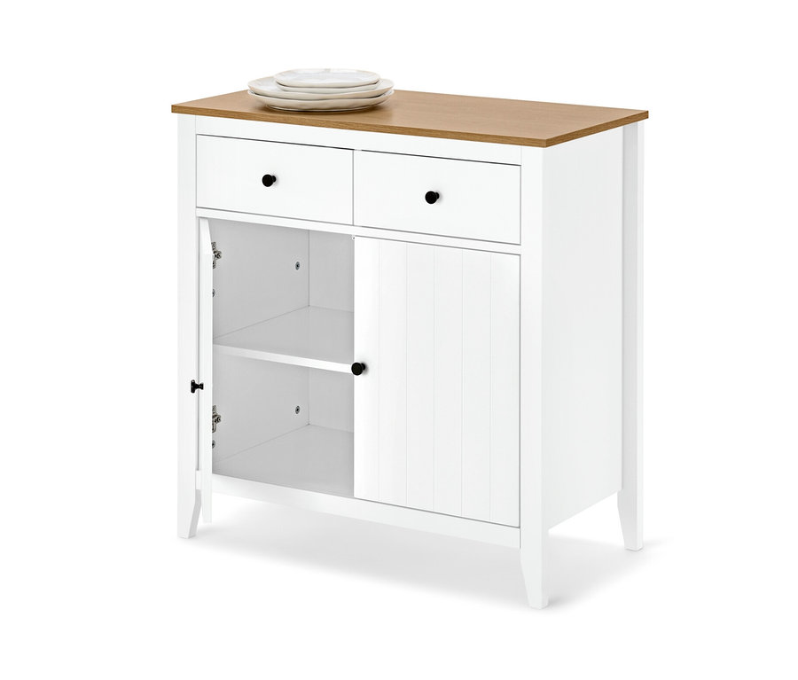 Weißes Sideboard mit Holzplatte, zwei Schubladen und offener Tür.