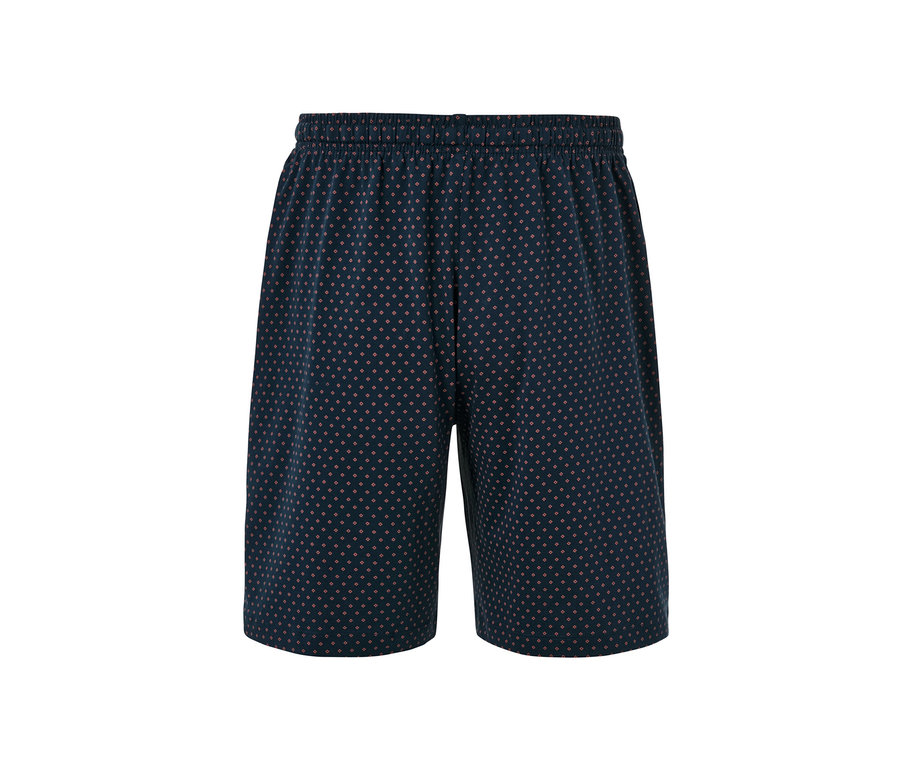 Dunkelblaue Relaxshorts mit rotem geometrischen Muster.