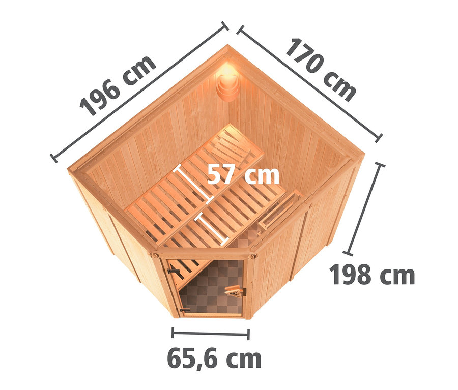 Draufsicht einer Karibu Sauna »Sini« Ecksauna mit Abmessungen.