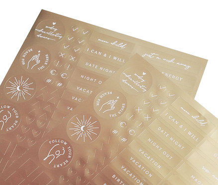 Zwei Bögen Sticker-Set »Wish« mit Schriftzügen und Abbildungen.