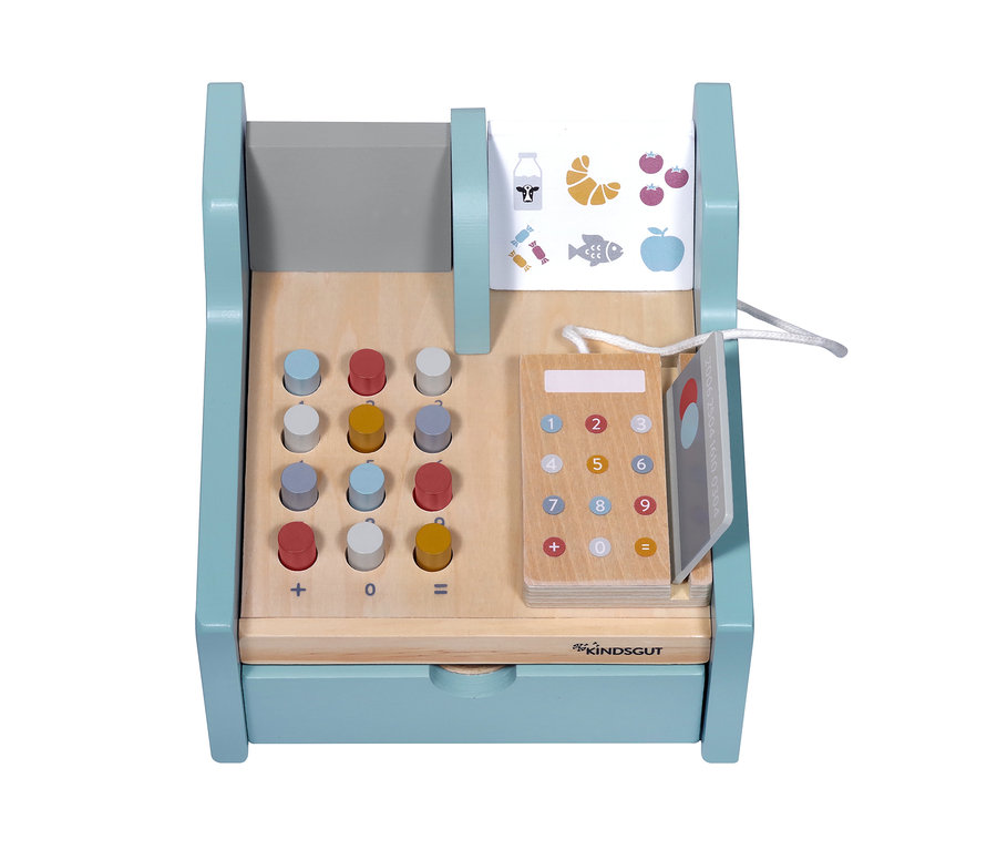 Detailaufnahme einer Spielkasse aus Holz mit bunten Tasten, Taschenrechner und Lebensmittelbildern.