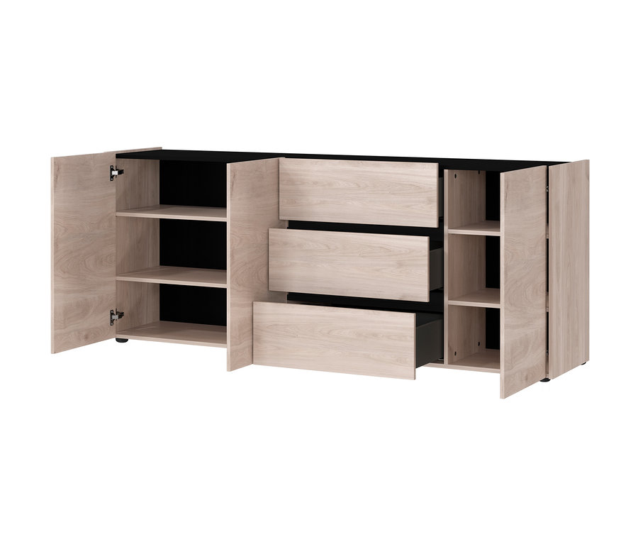 Geöffnetes Sideboard »Cantoria« mit drei Schubladen und Regalen.