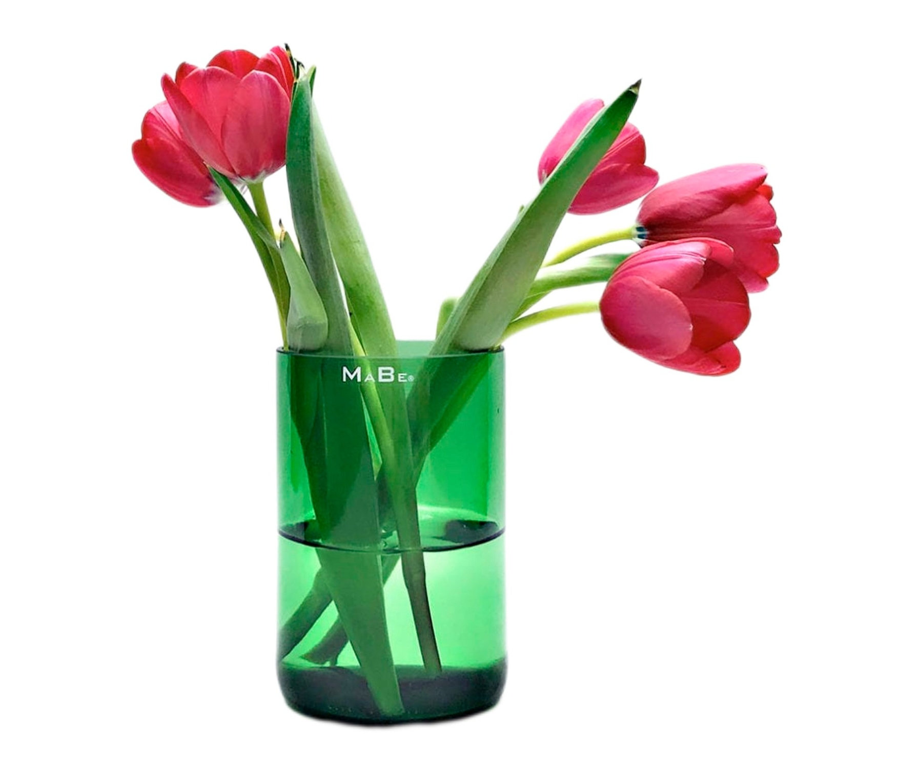 Strauß roter Tulpen in einer grünen Vase, Höhe ca. 13 cm.
