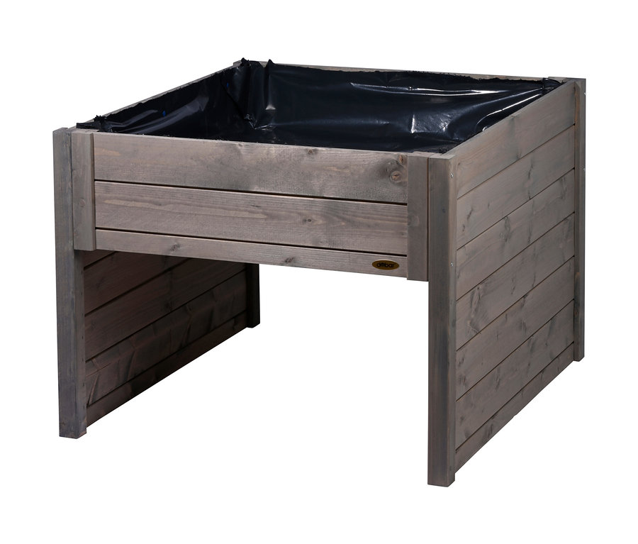 Graue Mährobotergarage mit Pflanzkasten.