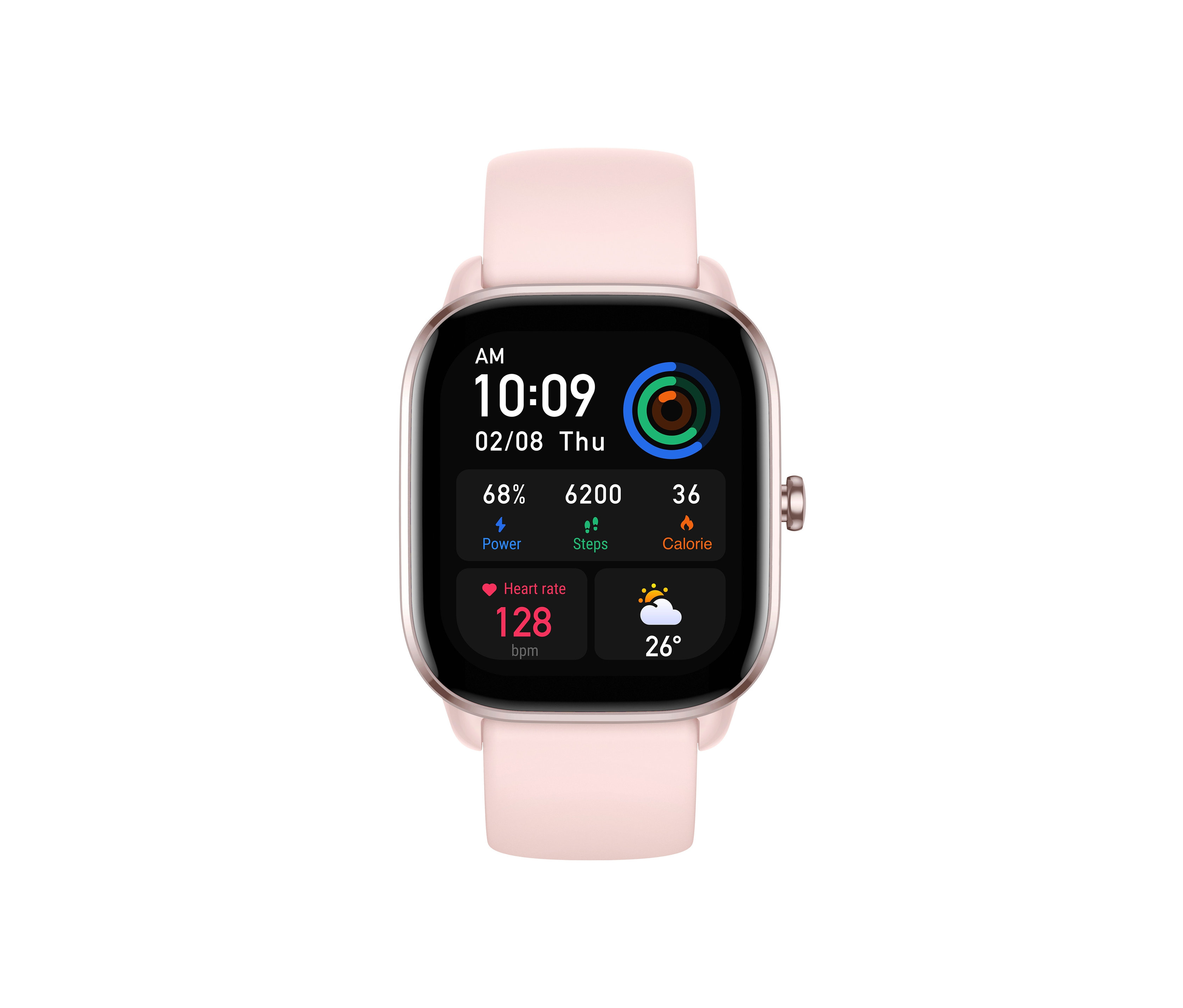 Nahaufnahme der Amazfit GTS 4 Mini-Smartwatch in Flamingo Pink, die 10:09 AM anzeigt.