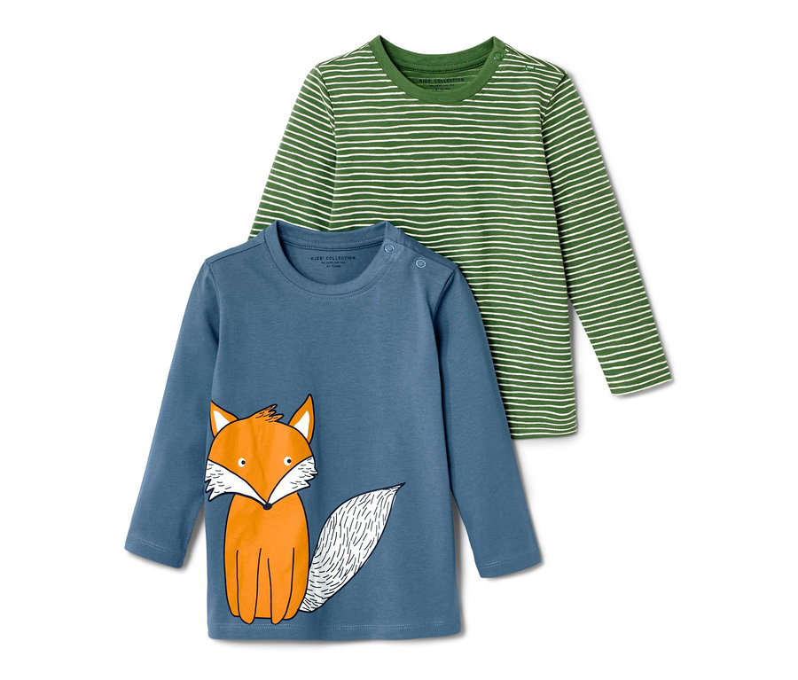 Zwei Kleinkind-Langarmshirts, eines blau mit einem Fuchs, das andere grün gestreift.
