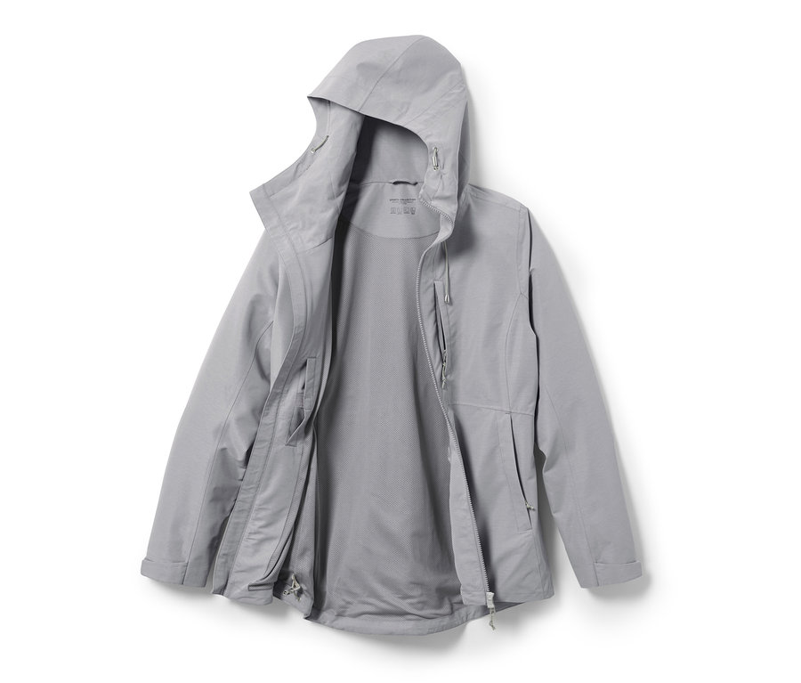 Graue Funktions-Outdoorjacke mit Kapuze und Reißverschluss.