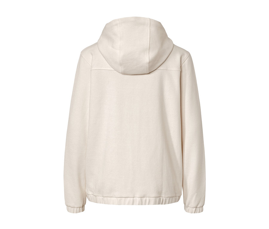 Rückansicht einer cremeweißen Sweatjacke.