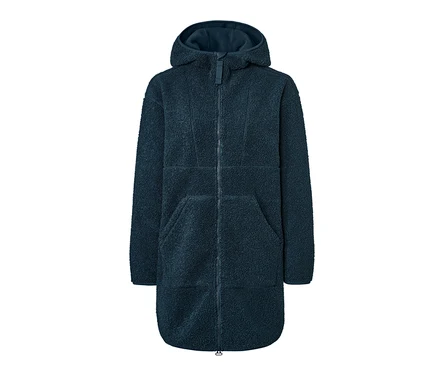 Marineblauer Oversized Teddy-Mantel mit Kapuze und Reißverschluss.
