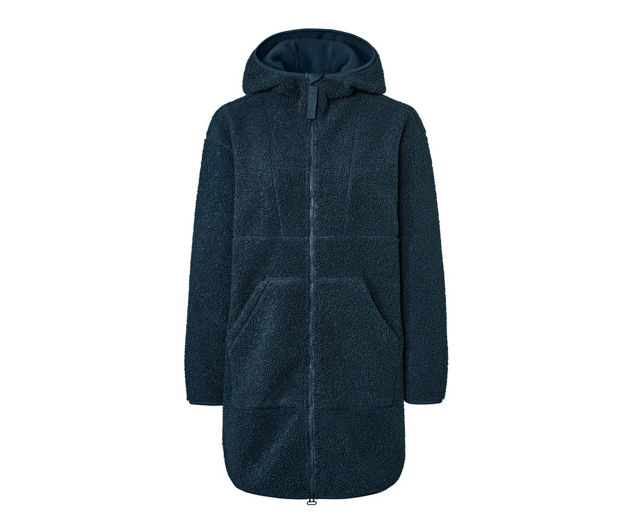 Marineblauer Oversized Teddy-Mantel mit Kapuze und Reißverschluss.