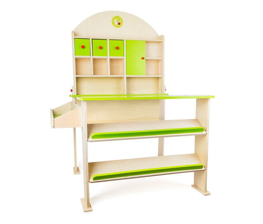 small foot Verkaufsstand Markttag aus Holz mit Regalen, Schubladen und grünen Akzenten.