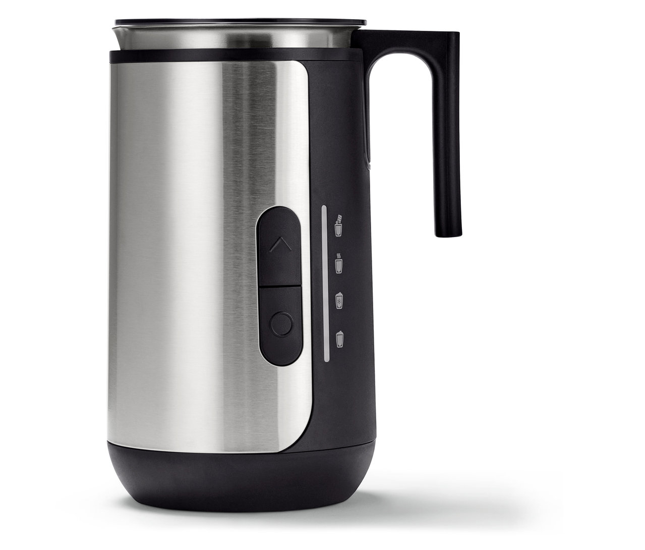 Elektrischer Milchaufschäumer aus Edelstahl mit zwei Tasten auf einem schwarzen Bedienfeld.