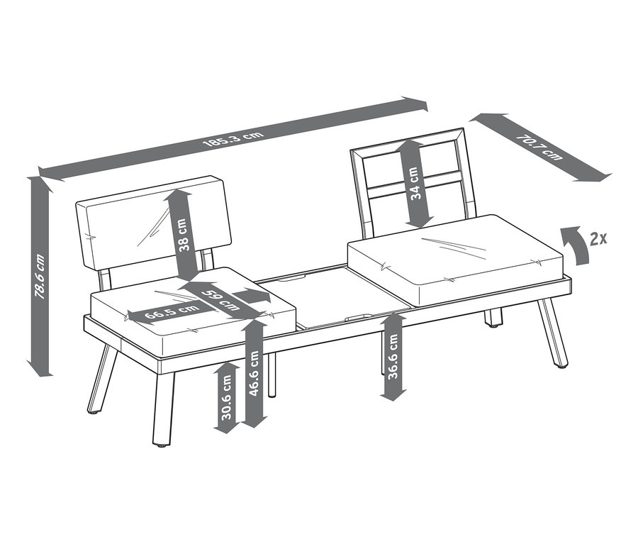 Abbildung einer 2-in-1-Sofa-Liege mit hochklappbarem Mitteltisch mit Bemaßungen.