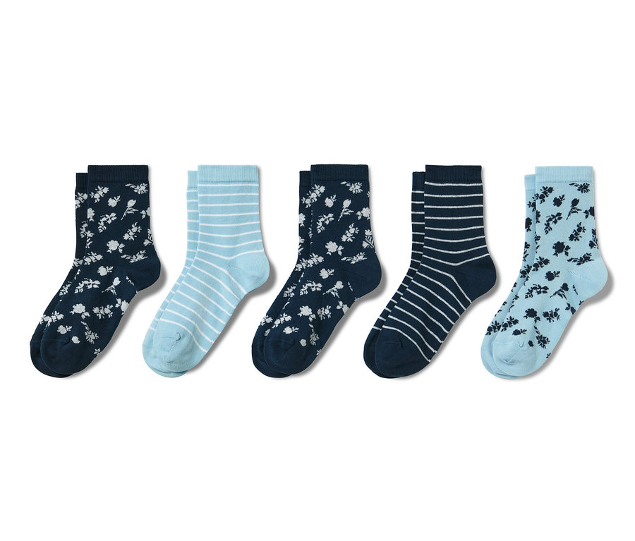 Fünf Paar Kinder-Socken, geblümt.