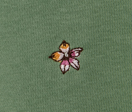 Detailansicht eines grünen, bestickten Sweatshirts.