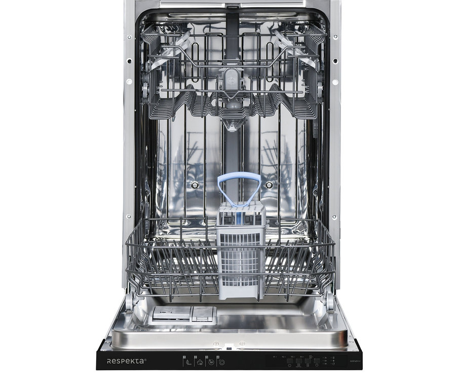 Offener Respekta vollintegrierter-Geschirrspüler »GSP45VV«, ca. 45 cm, E (von A bis G) mit leeren Fächern und Besteckkorb.