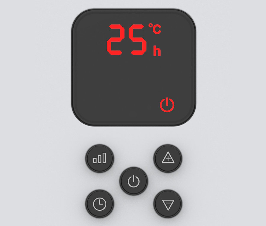 Detailaufnahme eines Konvektionsheizgeräts »NDFL1709R« mit Displayanzeige von 25 Grad Celsius und Bedienknöpfen.