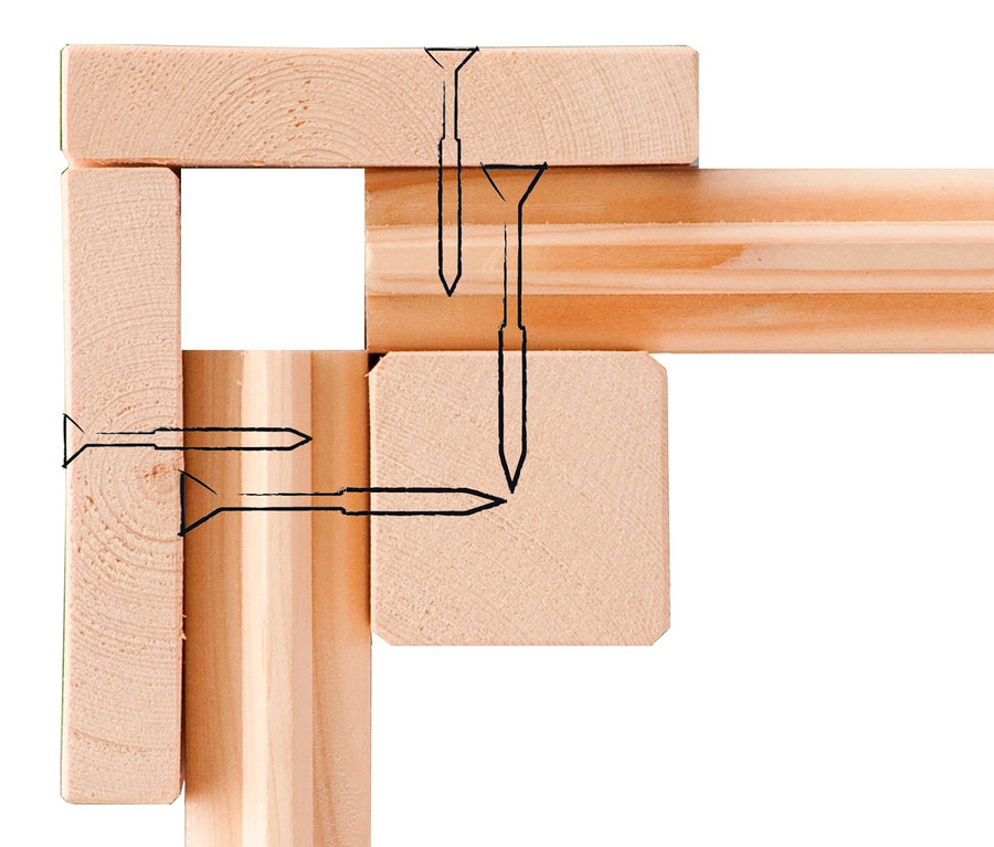 Detail einer Ecke einer Holzkonstruktion mit angedeuteten Schrauben.