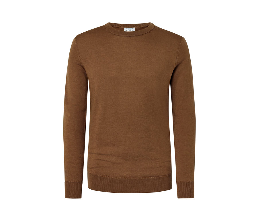 Cognacfarbener Merino-Pullover.