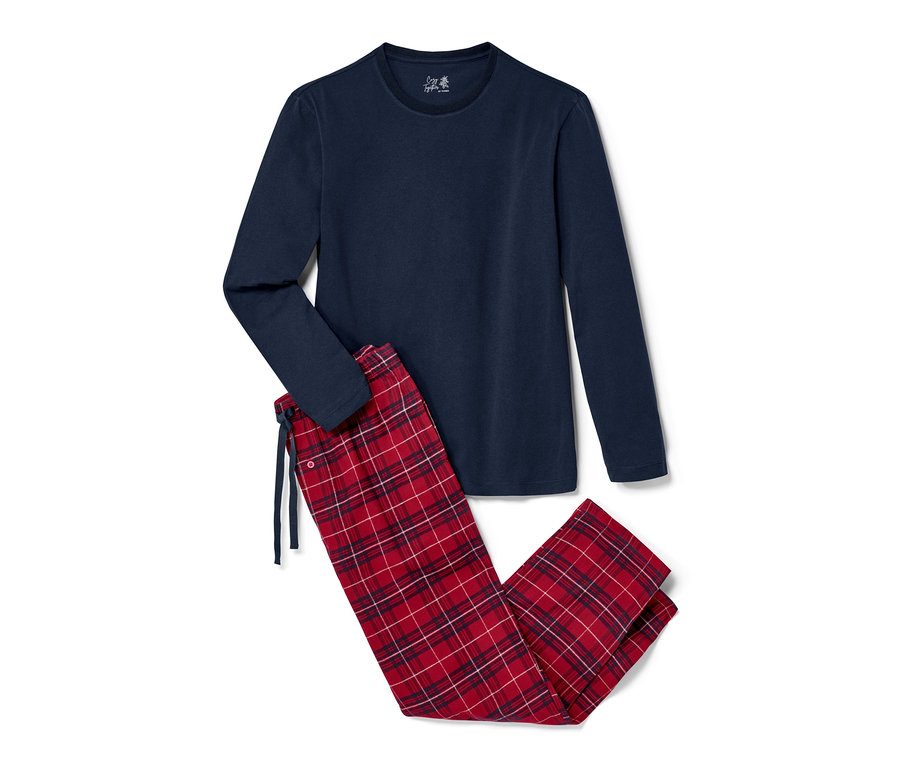 Dunkelblauer Herren-Pyjama mit rot-dunkelblauer Flanellhose.