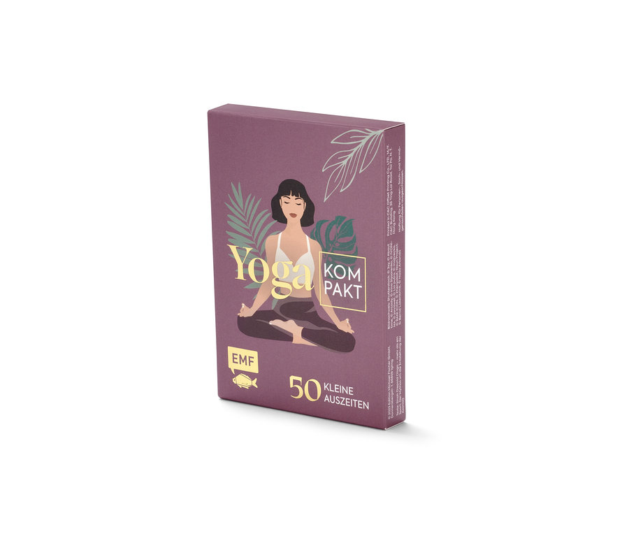 Yoga-Karten-Set mit Abbildung einer Frau in Lotusposition.