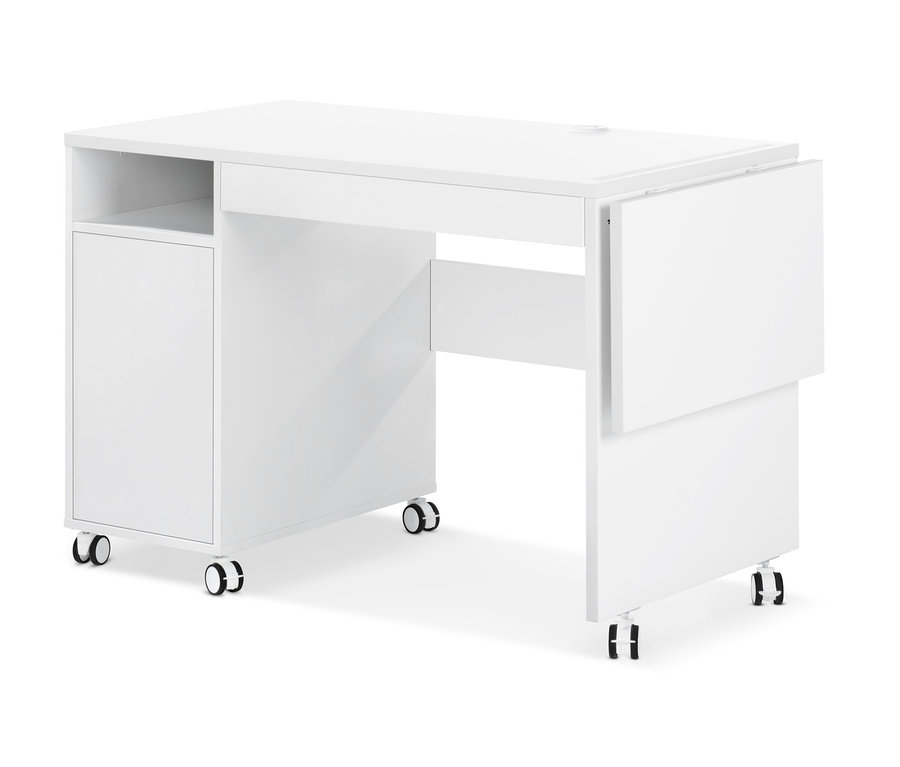 Weißer Multifunktionstisch mit erweiterbarer Tischplatte auf Rollen.