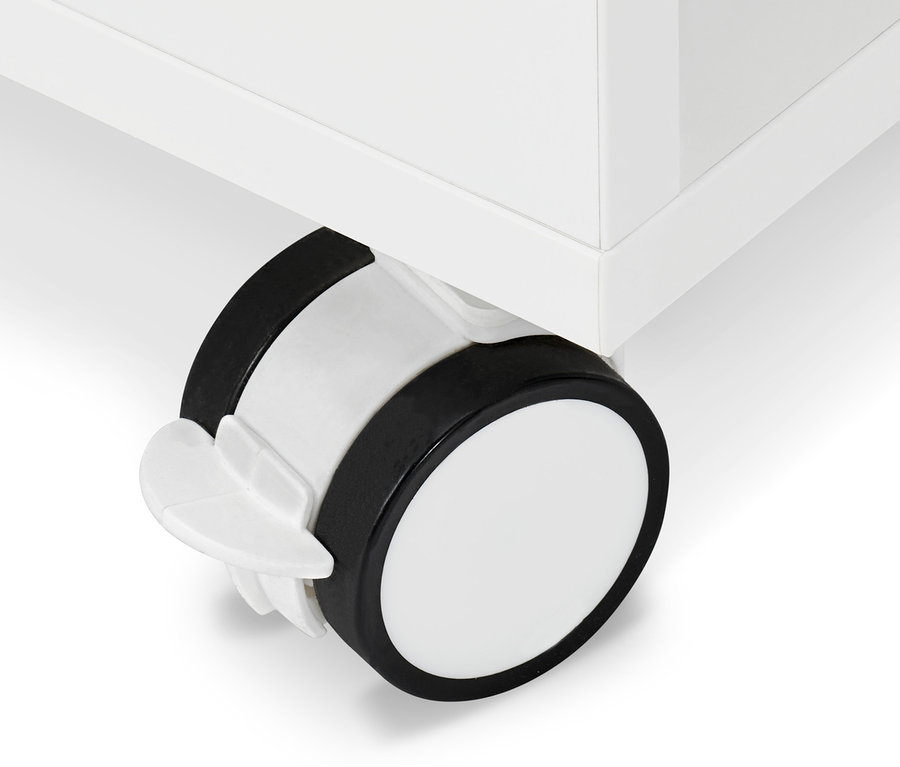 Detailaufnahme einer Rolle eines Stauraumregals mit Rollen.