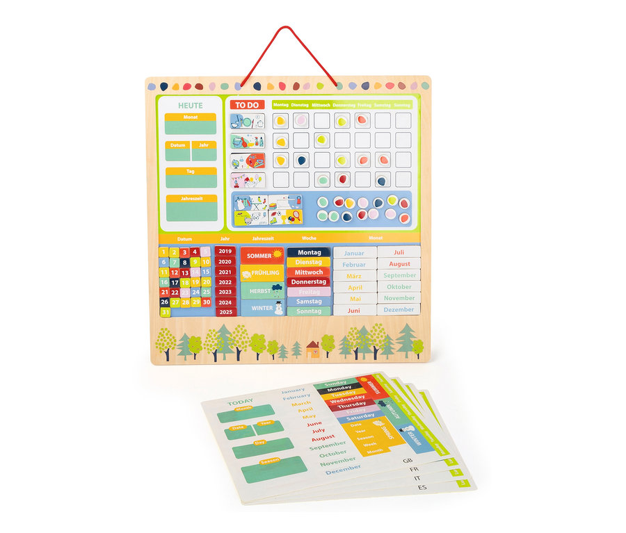 Ein hölzerner Wochenplaner mit Aufgabenbildern und Kalender.