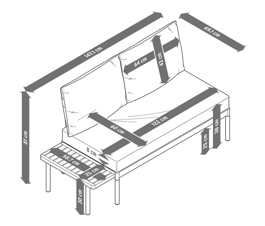 Abmessungen des Balkon-Lounge-Sets »Elin« und des flexiblen Balkon-Lounge-Sets werden mit Pfeilen dargestellt.