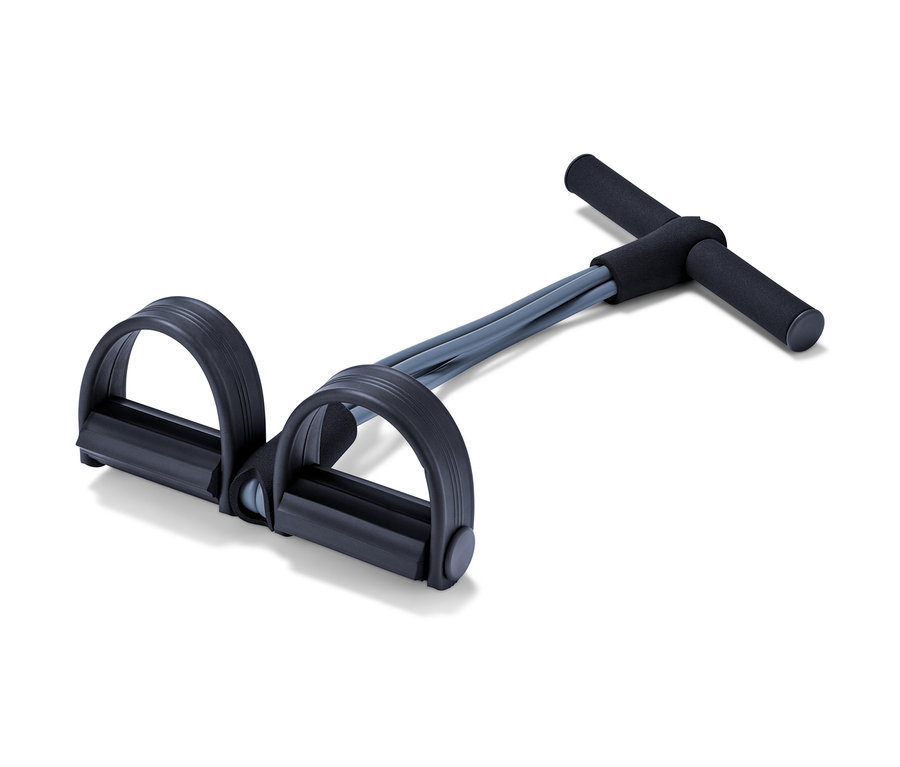 Schwarz-grauer Bauch-und-Rückentrainer mit Griff und zwei Fußschlaufen.