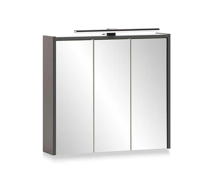 Anthrazitfarbener Spiegelschrank Katta mit drei Spiegeltüren und einer Lampe oben.