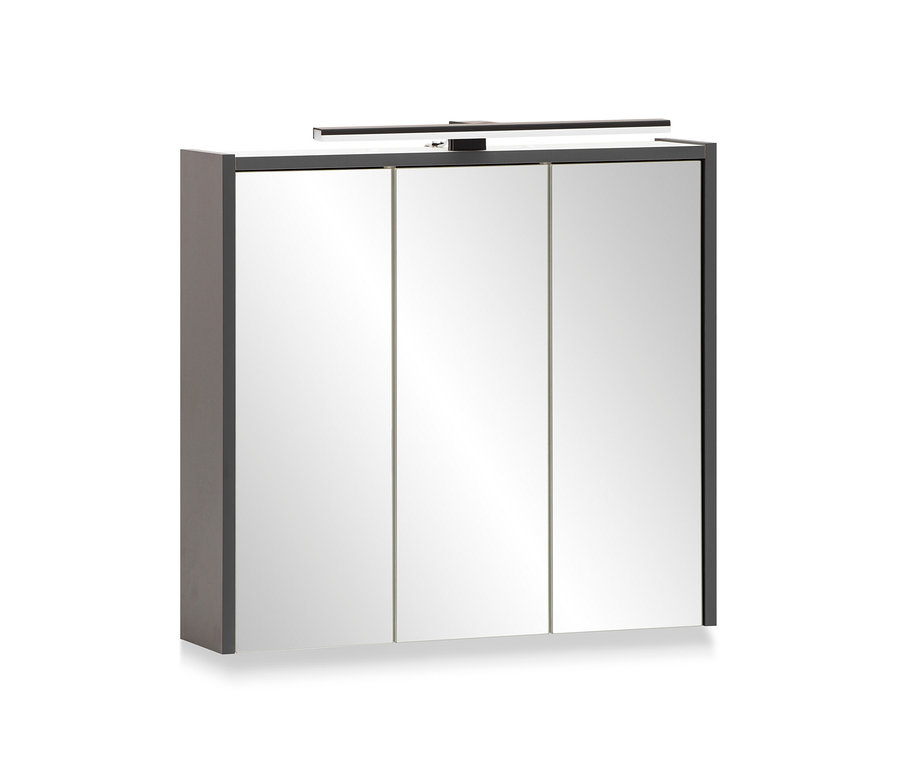 Anthrazitfarbener Spiegelschrank Katta mit drei Spiegeltüren und einer Lampe oben.
