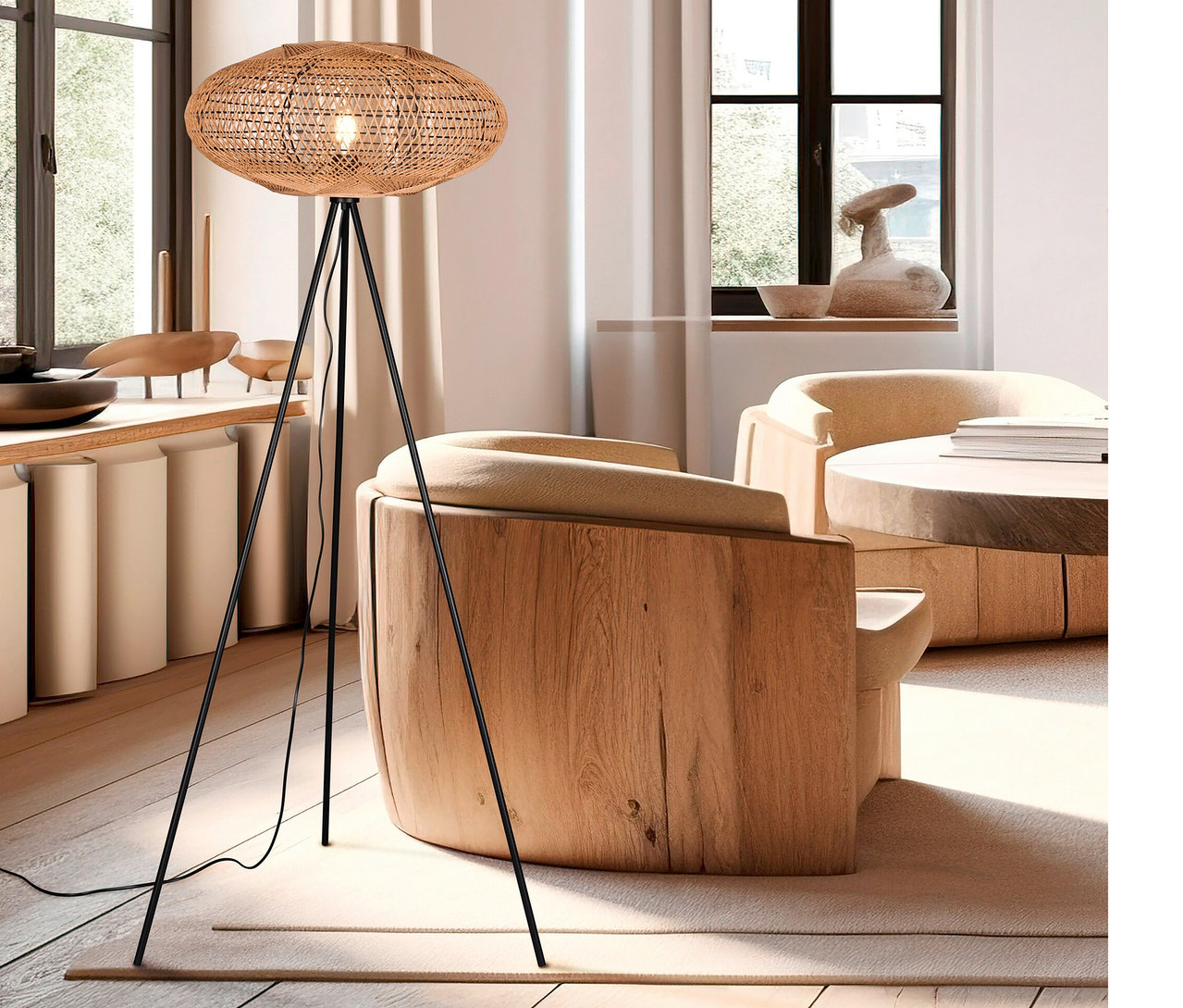 Im Wohnzimmer steht eine Trio Stehleuchte »Hedda« mit einem Lampenschirm aus Rattan und schwarzen Beinen.