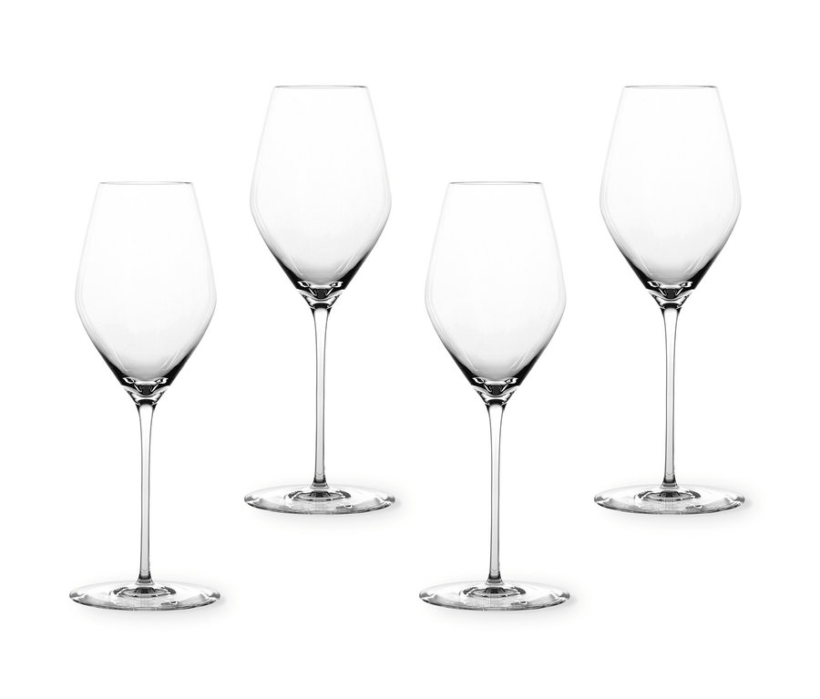 Vier Spiegelau Hi-Lite Champagnergläser, 4er-Set, auf weißem Hintergrund.