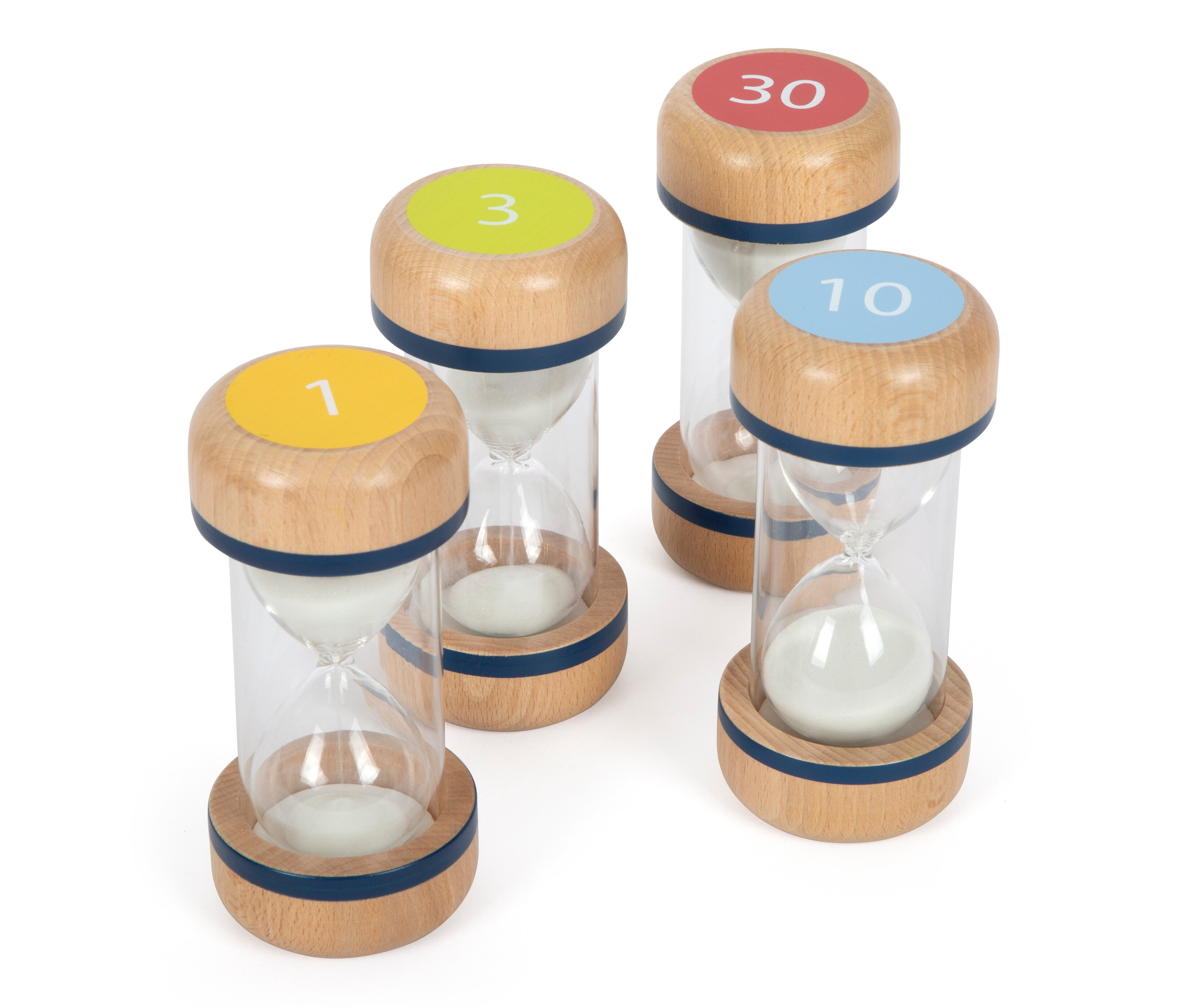 Vier kleine hölzerne Sanduhren small foot Sanduhren-Set XL »Educate« mit verschiedenfarbigen Oberteilen und Zahlen.