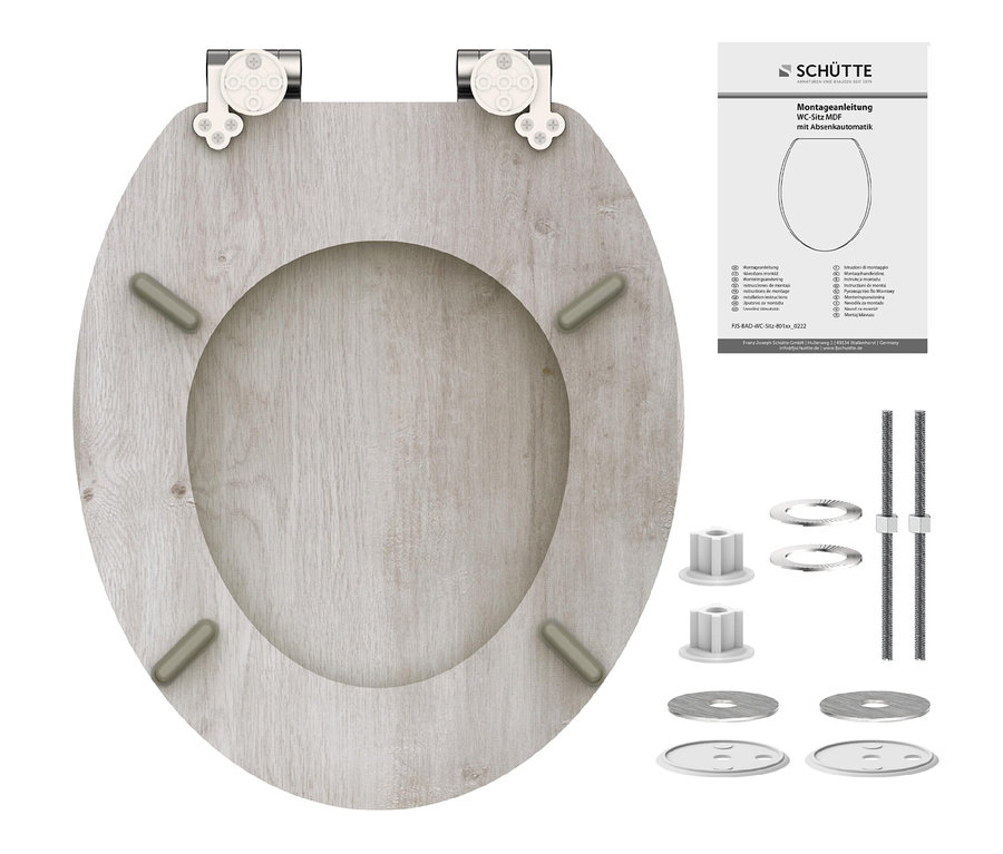 MDF WC-Sitz, Light Wood, zusammen mit Montagezubehör.