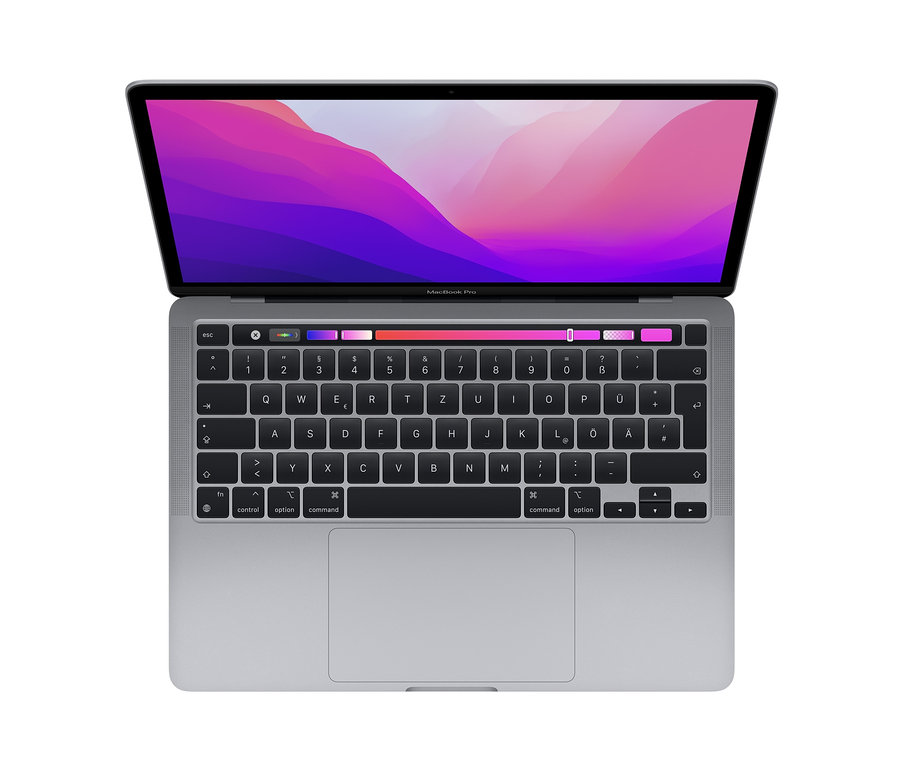 Detailansicht von oben eines geöffneten grauen Laptops. Zu sehen ist ein Apple MacBook Pro 13", 2022, grau.