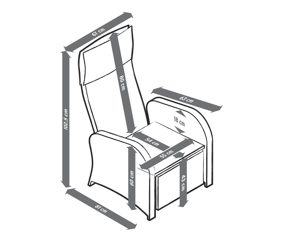 Abmessungen des Sessels aus dem Sessel-Set »Thore« mit ausklappbarer Fußlehne dargestellt.