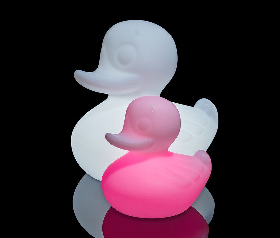 Zwei LED-Leuchten in Entenform, eine weiße und größere, die andere rosa und kleinere, stehen auf einer glänzenden Oberfläche mit schwarzem Hintergrund.