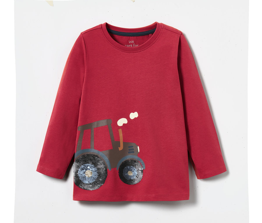 Rotes Kleinkind-Langarmshirt mit Traktor-Motiv, 1 Stk. von 2 Kleinkind-Langarmshirts.
