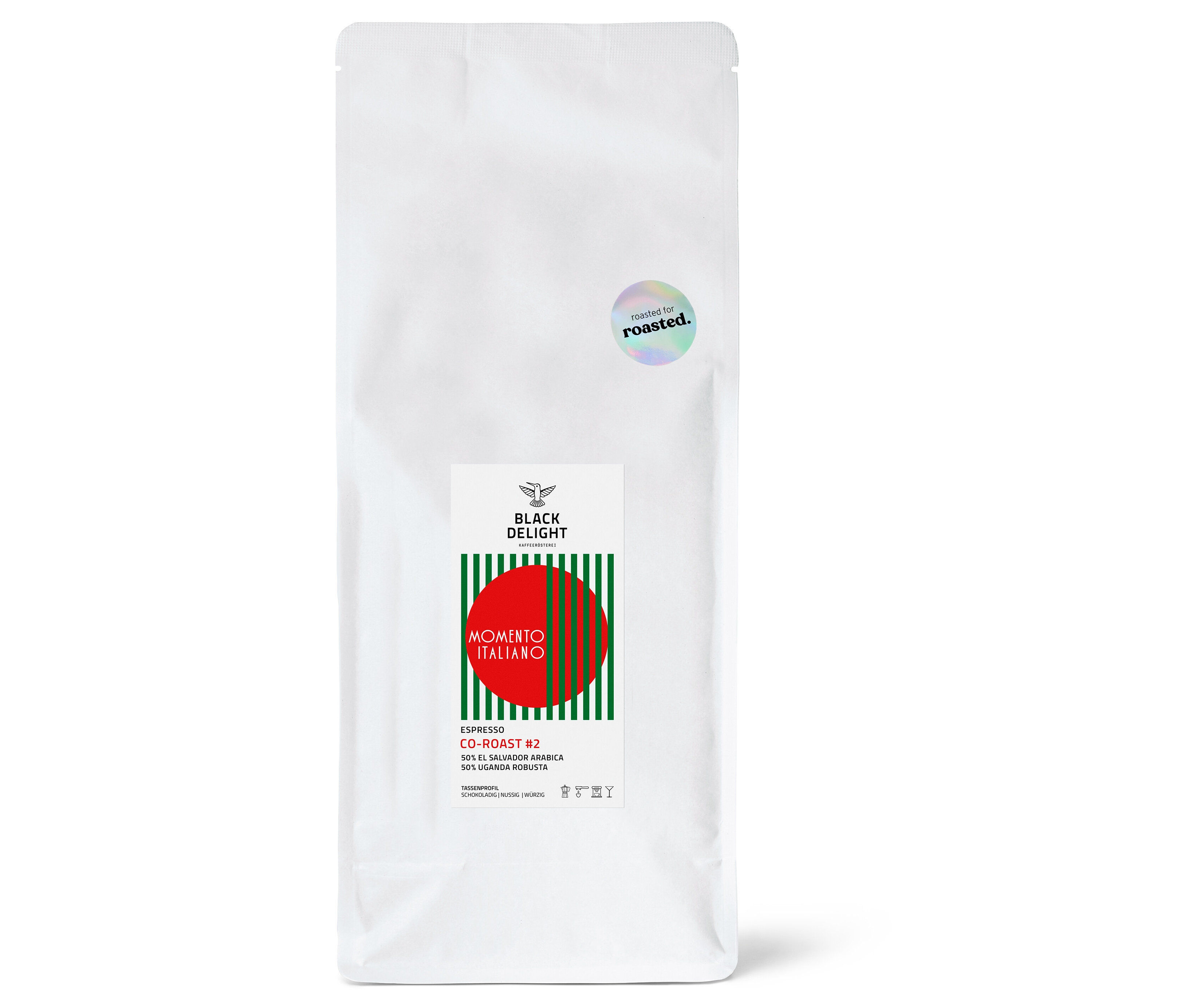 Black Delight x roasted. - Momento Italiano Co-Roast #2 Espresso - 1 kg Ganze Bohne - Intensität: 5/6