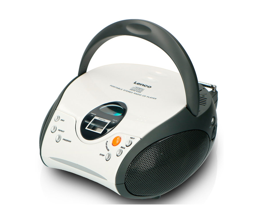 Weißer Lenco SCD-24 Boombox CD-Player mit Radio und Kopfhöreranschluss.