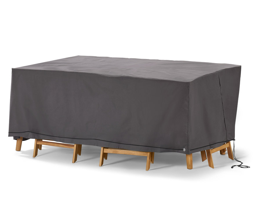 Eine graue Premium-Abdeckhaube für große Tische, ca. 240 x 140 cm, bedeckt einen Holztisch.