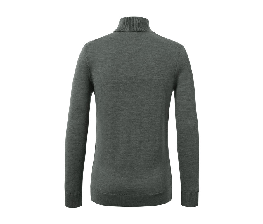 Rückansicht des grünen Merino-Pullovers.