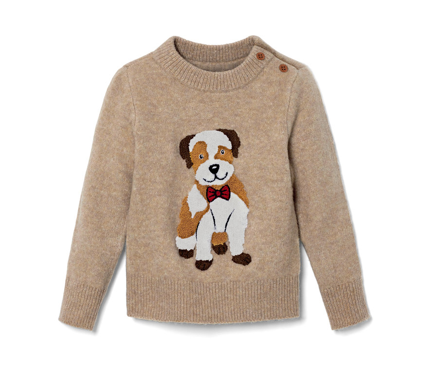 Kleinkind-Strickpullover mit Applikation eines Hundes mit roter Fliege.