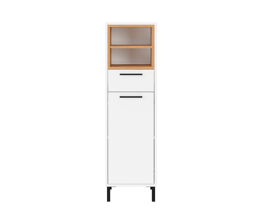 Weißer Mittelschrank »Loria« mit Holzregalen und zwei Schubladen mit schwarzen Griffen.