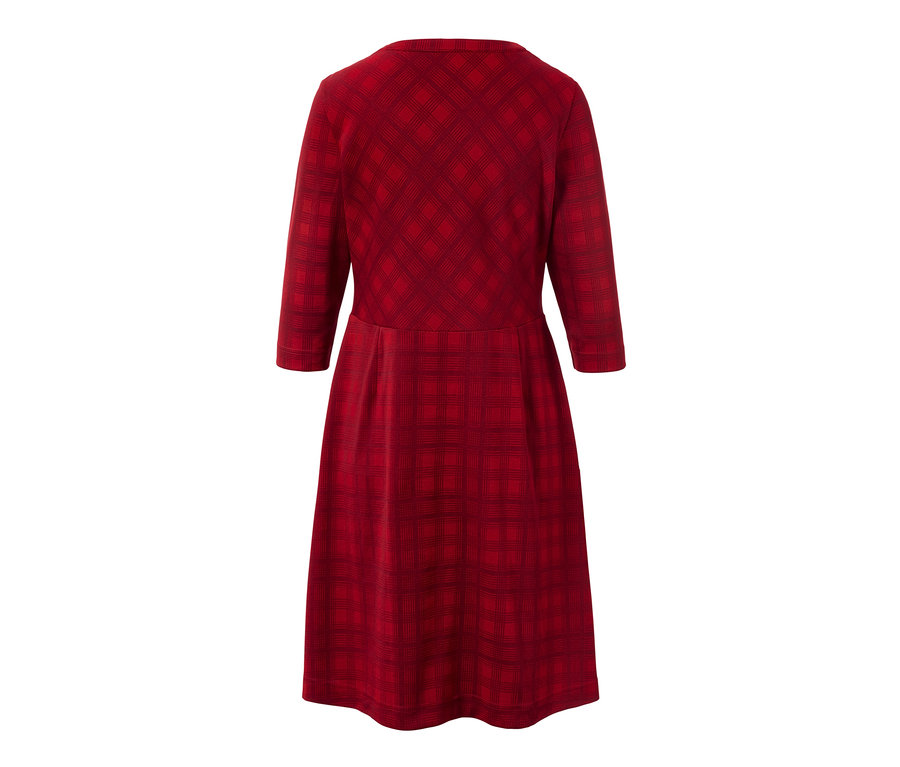 Rückansicht eines karierten Jacquard-Kleids mit Dreiviertelärmeln.
