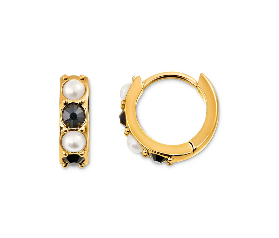 Zwei goldene Creolen Black and White Ohrringe mit schwarzen und weißen Details.